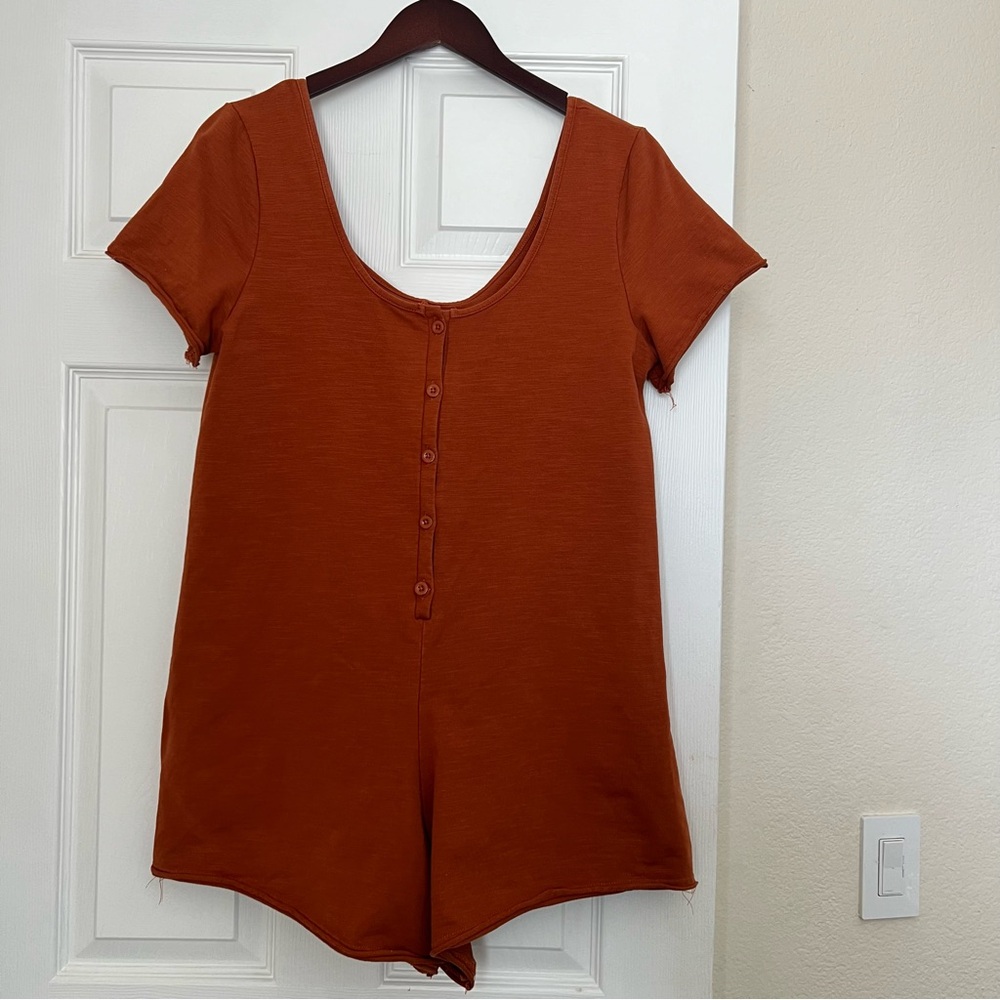 Anthropologie Jackson Rowe Cotton Blend Button Front Henley Burnt Orange Romper